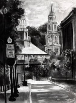 black and white cityscape drawing