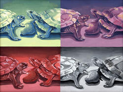 quartered painting of turtles in four colors