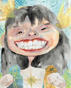 drawing of a girl with teal and yellow colors