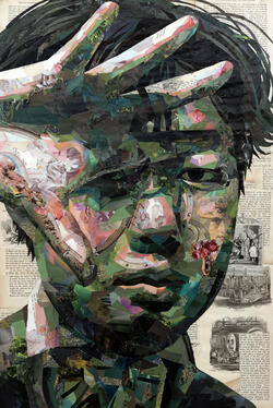 mosaic collage of a boy in a hat