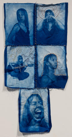 photos on a printed quilt