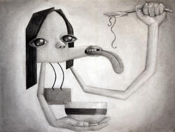 drawing of a person eating a noodle