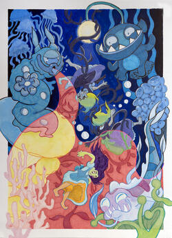 Colorful drawing of characters falling through the ocean