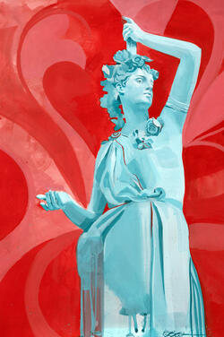 painting of a blue statue on a red background