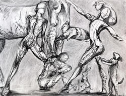Charcoal drawing of humans and animals