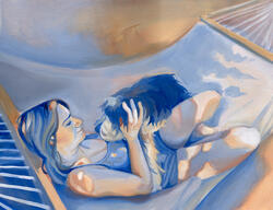 painting of a girl and dog on a hammock