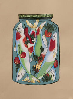 print of fish in a jar