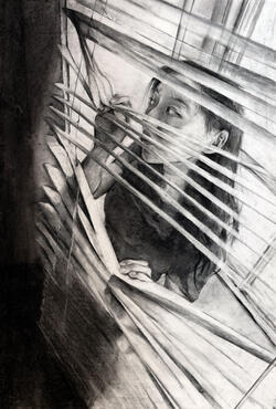 drawing of a women looking through blinds