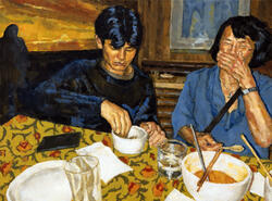 painting of two people at the dinner table