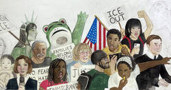 drawing of protestors shouting and holding signs
