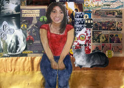 drawing of person and cat with collaged background