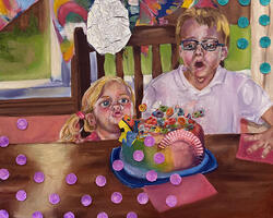 painting of child blowing out birthday candles