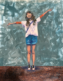 painting of person standing with arms raised
