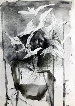 abstracted illustration of a figure and birds