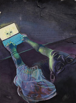 painting of person sitting at laptop