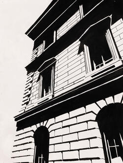 black and white drawing of building exterior
