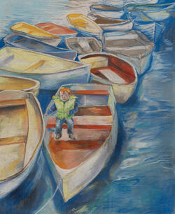 painting of rowboats and child