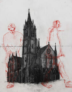 drawing of building and figures
