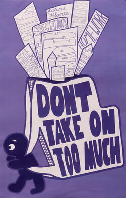 purple poster of figure wearing large backpack